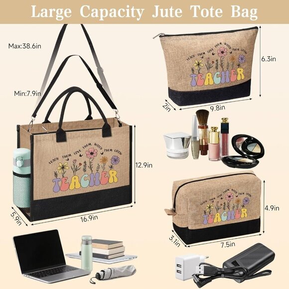 Teacher Appreciation Tote Bag Jute Women Gifts for Graduation Birthday - Picture 2 of 7